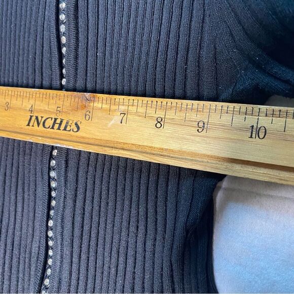 Vtg QUESTIONS Sweater Rhinestone Full Zip Stretch Fitted Ribbed Womens L Black - Picture 5 of 8